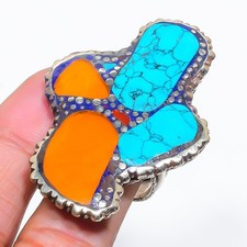 Yellow Coral Turquoise Adjustable Ring Handmade Tibetan Nepali Jewelry NR 3398