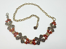 VTG Adjustable Brass Chain Link Belt, Faux Amber Cabochons Sz M/L Boho Coachella