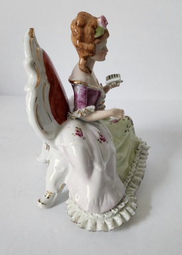 VTG KPM Porcelain Sitting Victorian Lady Figurine Reading a Book Floral & Lace - Picture 5 of 17