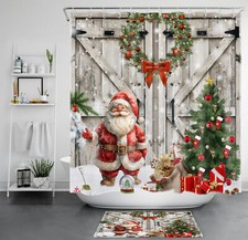 Winter Snowy Pine Tree Santa Claus Snowman Shower Curtain Set for Bathroom Decor