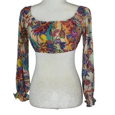 Luli Fama Alcazar Shoulder Crop Top NEW One Size Floral Colorful Long Sleeve