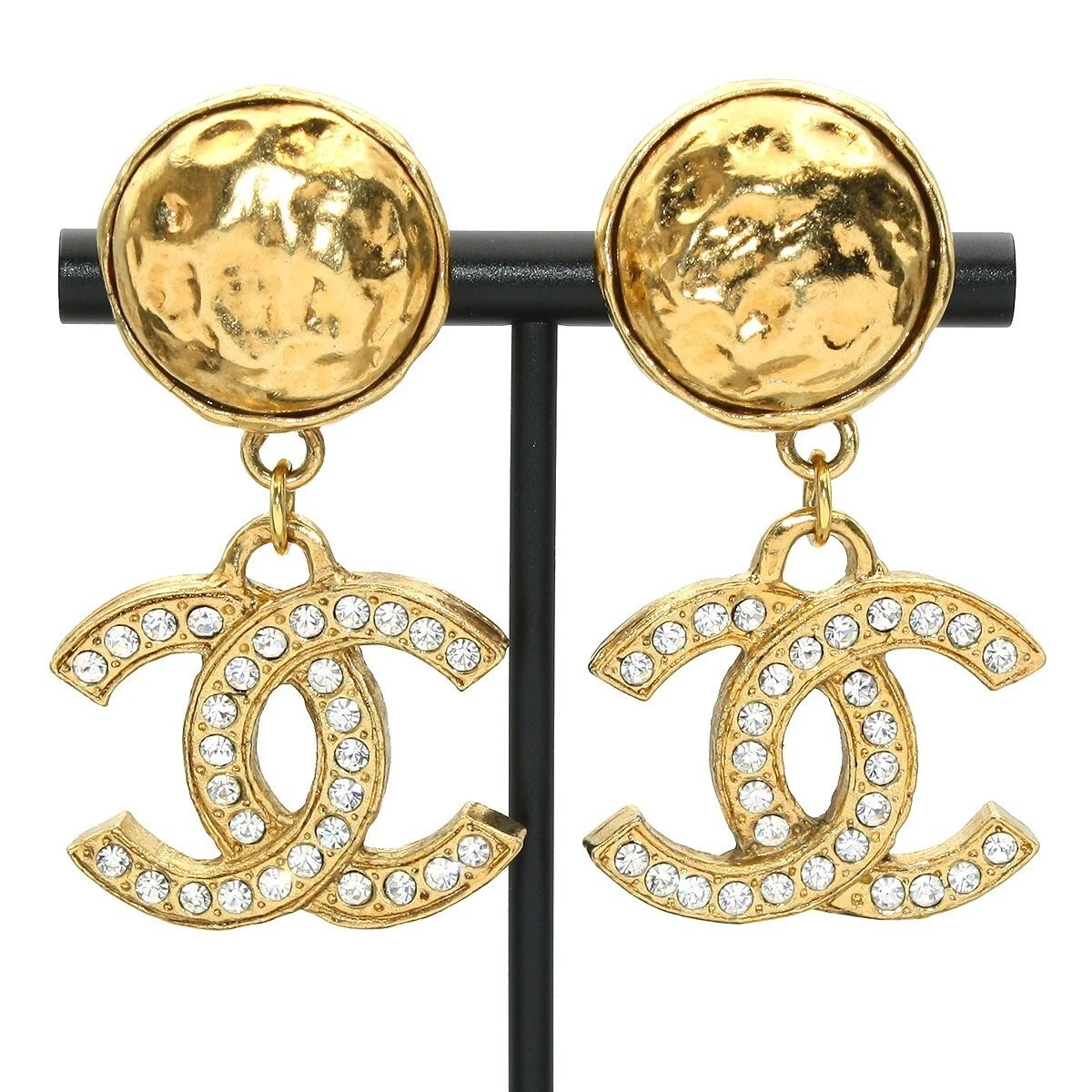 CHANEL Coco Mark Logo Gold-tone Clip-on Drop Earrings Vintage Women Z1939