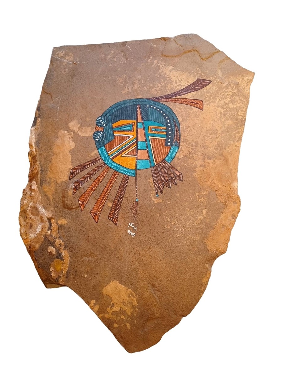 Vintage Hand Painted Signed 9/89 Natural Sand Stone Native