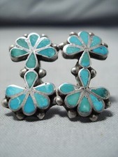 UNIQUE VINTAGE ZUNI NATIVE AMERICAN BLUE GEM TURQUOISE STERLING SILVER EARRINGS