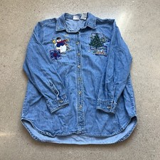 Bobbie Brooks Womens Denim Christmas Shirt L Snowmen Embroidery Snowflakes Sled