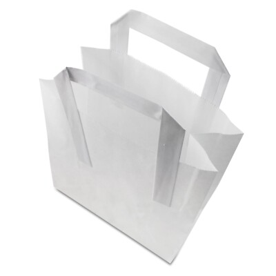 WEISSE PAPIERTRAGETASCHEN KLEIN 7X9X3,5'' MIT GRIFFEN KRAFT SOS MITTAGESSEN FLACH