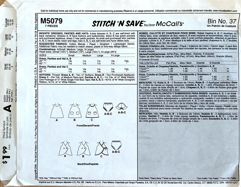 Easy Stitch N Save M5079 Infant Dress Bottoms Hat Pattern Size S-XL Uncut - Image 2 of 2