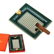 LUBINSKI Large Ceramic Cigar Ashtray Holder 2CT Slot Green Square Ash Tray Gift