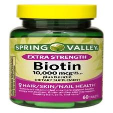Spring Valley Extra Strength Biotin plus Keratin Tablets, 10000 Mcg, 60 Count