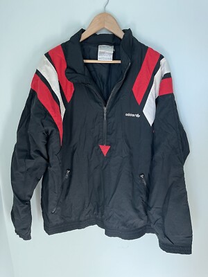 VTG 80s 90s Adidas Pullover Jacket Puffer Black Red Mens XL Shark Tooth Hip Hop