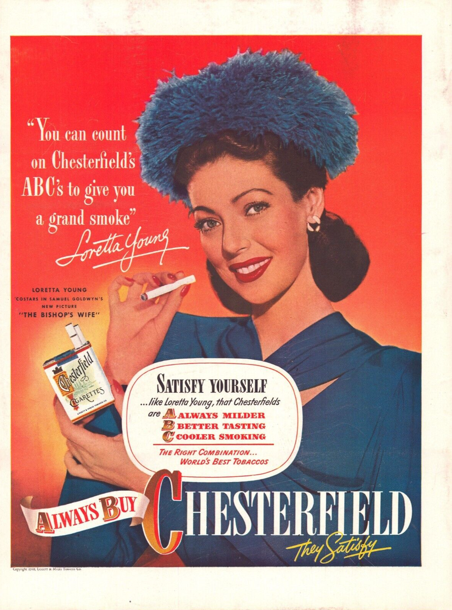 1948 Chesterfield Cigarette Print Ad Loretta Young The Bishop's Wife Blue  Outfit