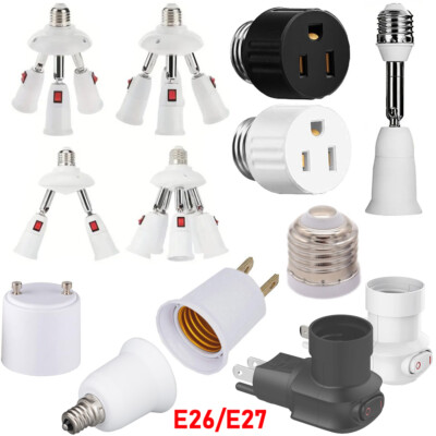 2/3Prong Outlet to Socket Adapter E26/E27 GU24 E12 Light Socket Bulb Converter