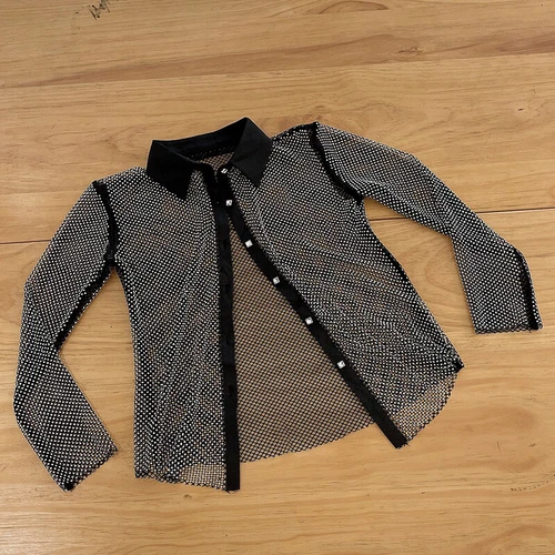 Lady Rhinestone Crystal Shirt Party Blouse Net Sheer Shiny Glitter Club Wear - Picture 4 of 16