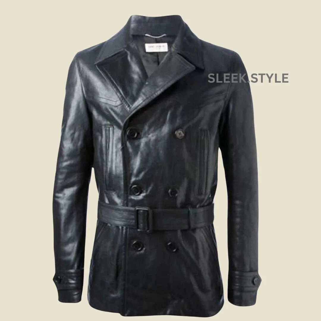Men Trench Coat Leather New Black Soft Over Coat Lambskin Belted Gift Long Coat