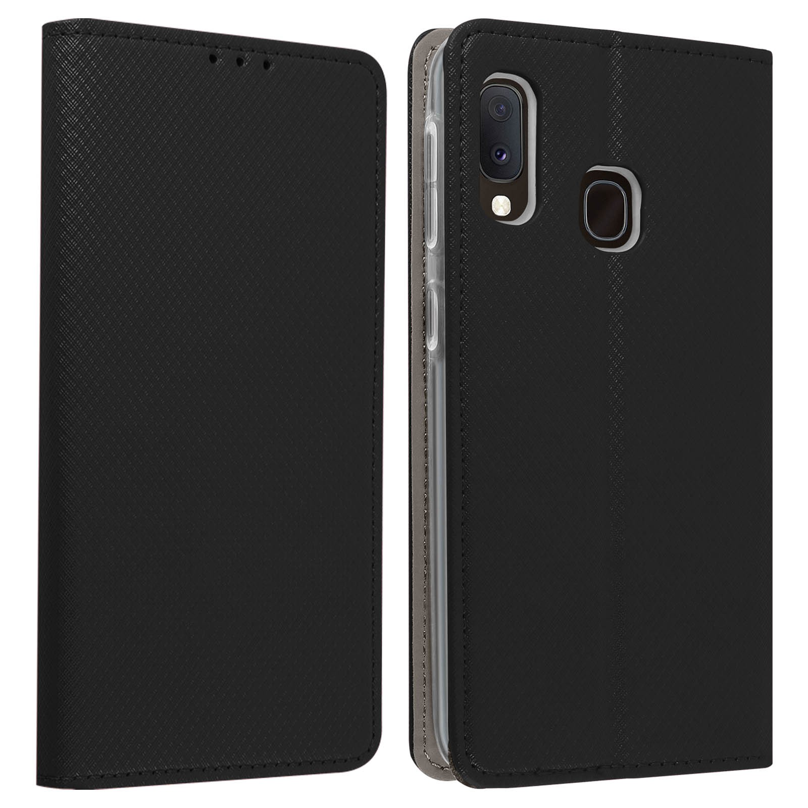 Coque Galaxy A20e en simili cuir bleu nuit avec porte-carte et béquille vidéo