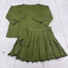 Knit Sweater Skirt Set Womens Medium Green 2 Piece Pleated Lounge Cozy Outfit