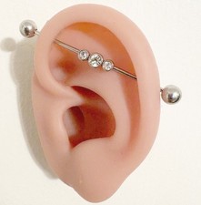 3 CZs INDUSTRIAL BARBELL 316L Surgical Steel 16g 1-1/2" Length.