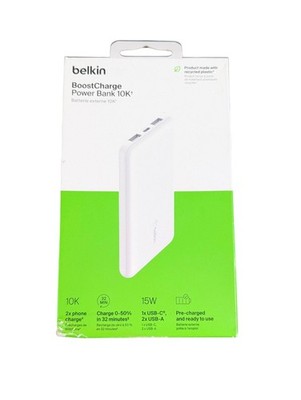 Aa6U Belkin BoostCharge Power Bank 10000mAh 2 Type-A / 1 Type-C  Ports, White