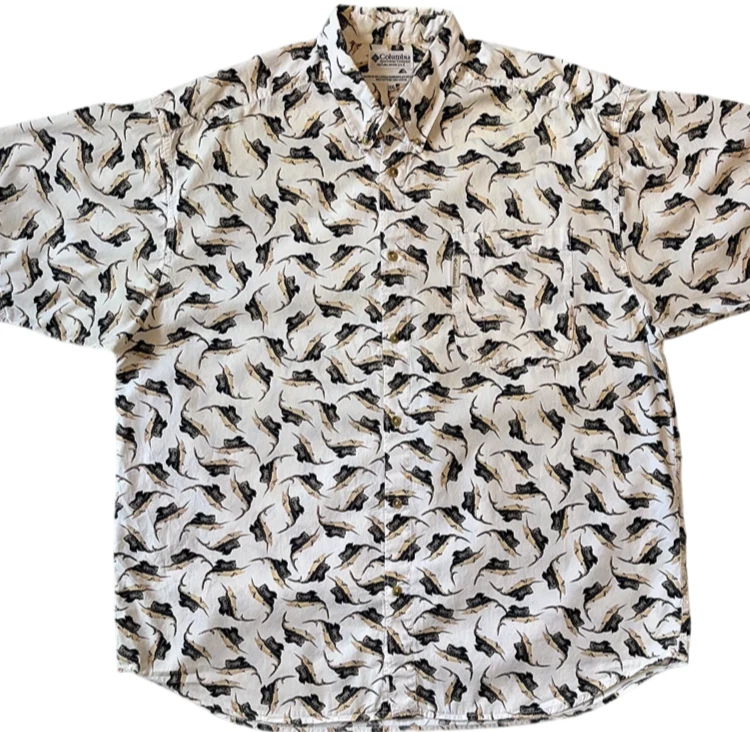 Columbia Sportswear Mens XXL Fishing Shirt Marlin Print Button up Short Sleeve