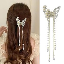 Hollow Butterfly Tassel Hair Claws Strong Hold Metal Hair Clip Crystal Pearl