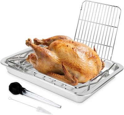 Stainless Steel Turkey Baking Roaster Pan Roasting Pan with V Rack, for Smoking