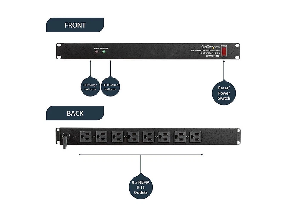 StarTech.com RKPW081915 Rackmount PDU with 8 Outlets with Surge Protection - 19 - Image 2 of 4