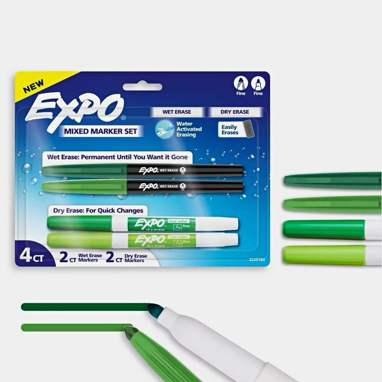 Expo Mixed Marker Set Fine Tip Wet Erase & Dry Erase Markers, 4 Count