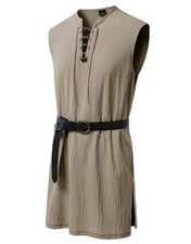 Men's Renaissance Pure Cotton Lace Up Tunic Costume Sleeveless X-Large Khaki