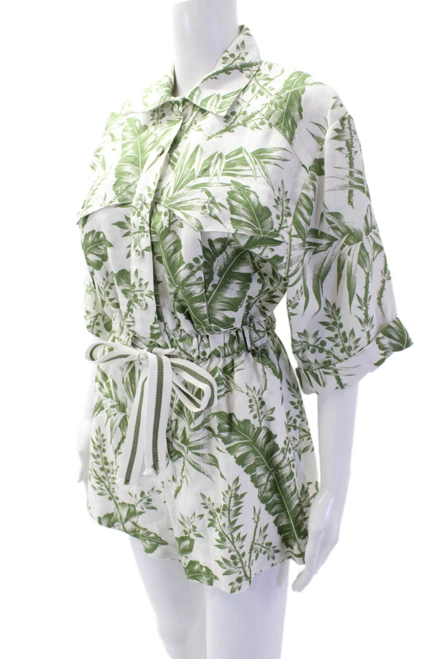 Zimmermann, Women Floral Linen Jumpsuit Collared Short Sleeve Green Size 0 - Image 2 of 4