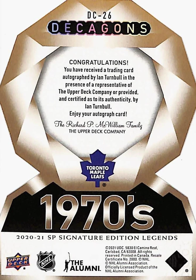 2020 SP Signature Edition Legends #DC-26 Ian Turnbull Decagons Gold Auto Leafs - Image 4 of 4