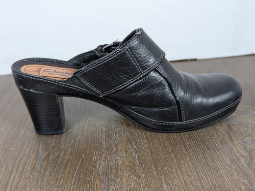 Clarks Artisan Clogs Mules Leather Womens 7.5 M Black Buckle 2" Block Heel - Picture 8 of 14