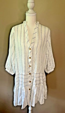 Zara White Blue Pinstripe Long Sleeve Babydoll Dress V-Neck Mini Size S
