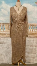 Maxi Evening Dress 14 Gold Sequin Quiz Ballgown Wrap Style Long Sleeves Bodycon