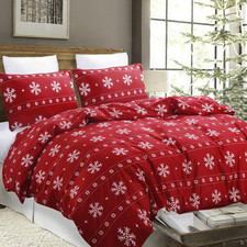 Microfiber Christmas Duvet Cover Set, Snowflake Design, Red, Queen Size