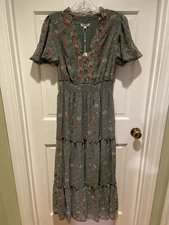 Max Studio Tiered Midi Dress Sz M NWT Sage Green Flowy Fairy Boho Cottage Floral