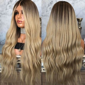 Ombre Blonde Curly Hair Wigs Synthetic Hair Long Wavy For Party