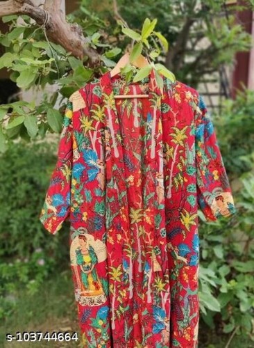 Indische Frau Farida Kahlo Baumwolle Bademantel rot langes Kleid Nachtwäsche ... - Bild 3 von 5