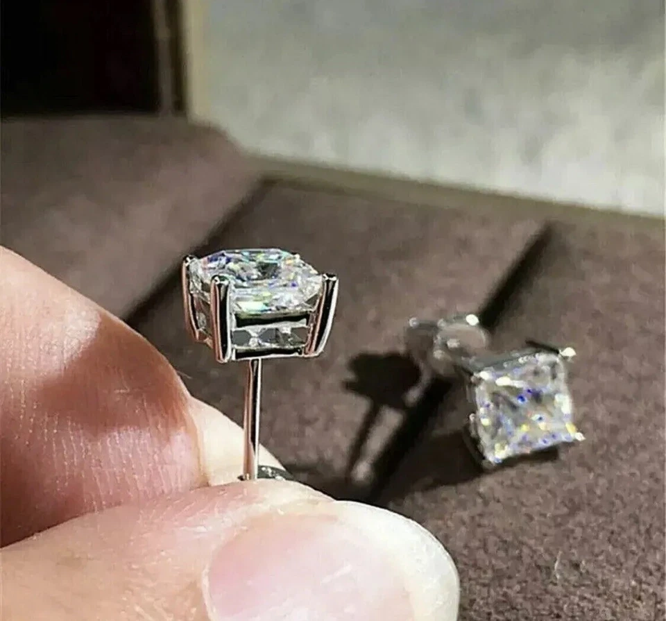 2 Ct Princess Cut VVS1/D Lab Created Stud Earrings 14k White Gold 6mm Push Back - Image 3 of 4