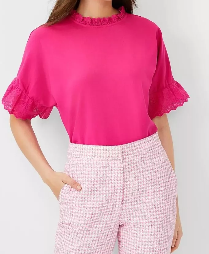 Ann Taylor Petite Mixed Media Eyelet Ruffle Trim Top Blouse Pink Size LP