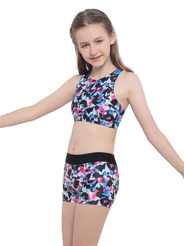 Girls Print Athletic Tankini Set Sport Crop Top with Swim Short Bathing Suits - Picture 23 of 143