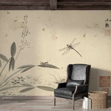 3D Ink Floral Dragonfly Wallpaper Wall Mural Removable Self-adhesive Sticker299