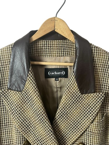 Blazer Cacharel W44 Doble Pecho Lana Cuero Cuello Marrón Pata de Gallo - Imagen 3 de 10