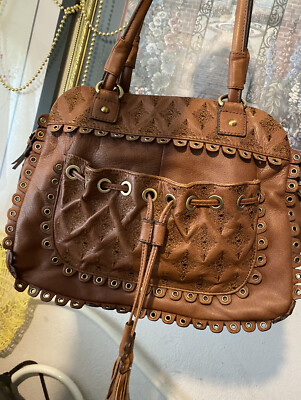 ISABELLA FIORE Embroidered LACED Cut Out Grommets Tasseled Organizer Purse  