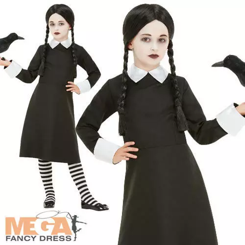 Gothic School Girl + Wig Fancy Dress Wednesday Addams Halloween