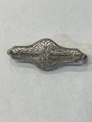 Antique 14K White Gold Art Deco Bar Pin Brooch w Diamonds 1920 s 1930 s