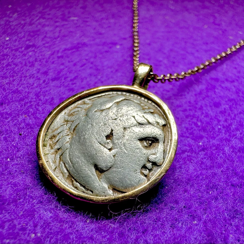 Dracma de plata genuino de Alejandro Magno en colgante de oro amarillo sólido de 14 k Foto 3 de 4
