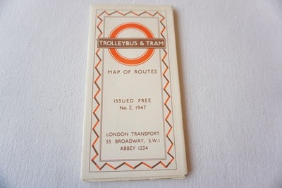 1947 Nummer 2 Trolleybus & Straßenbahnkarte London Transport Bus U-Bahn sehr guter Zustand