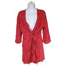 Free People Dress M Womens Red Short Fit & Flare 3/4 Sleeve V-Neck Viscose Tie