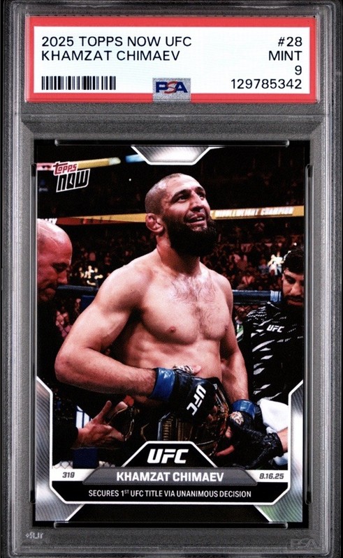 2025 Topps Now UFC Khamzat Chimaev #28 Secures 1st UFC Title PR /6042 PSA 9 MINT
