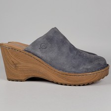 Born Andy Women's Leather Wooden Print Platform Clogs in Blue US SIZE 6M
